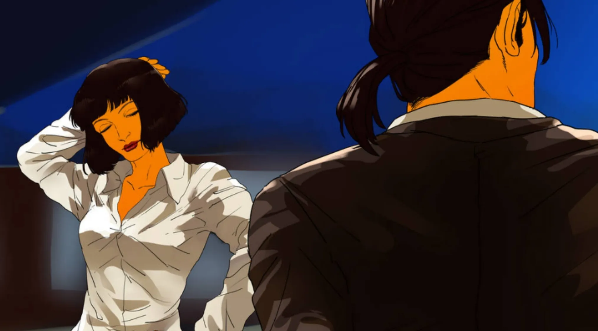 Animated fan art shows a woman in a white shirt and a man from behind. Identify the movie.