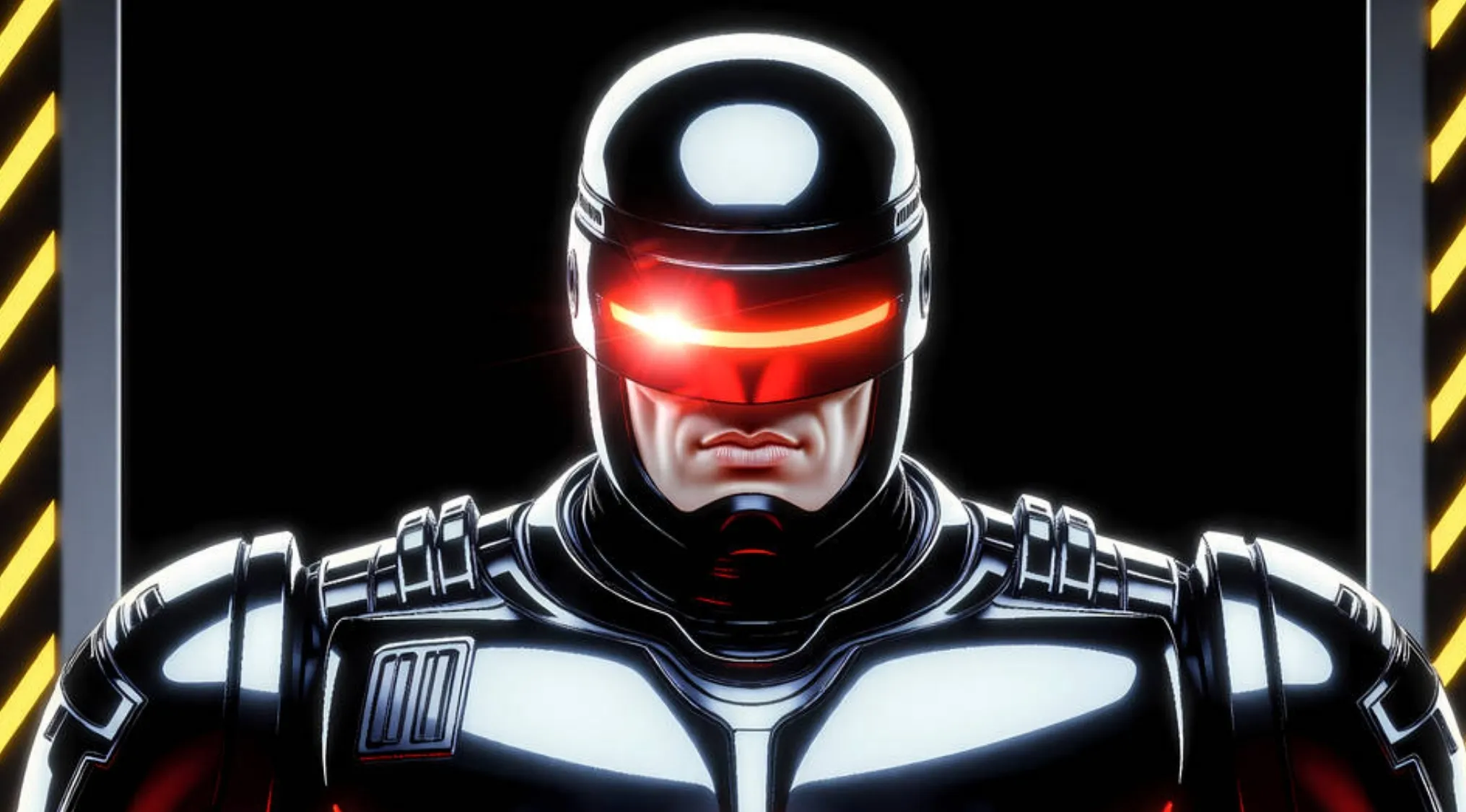 Movie fan art of Robocop with a glowing red visor, set against a dark background with yellow caution stripes.