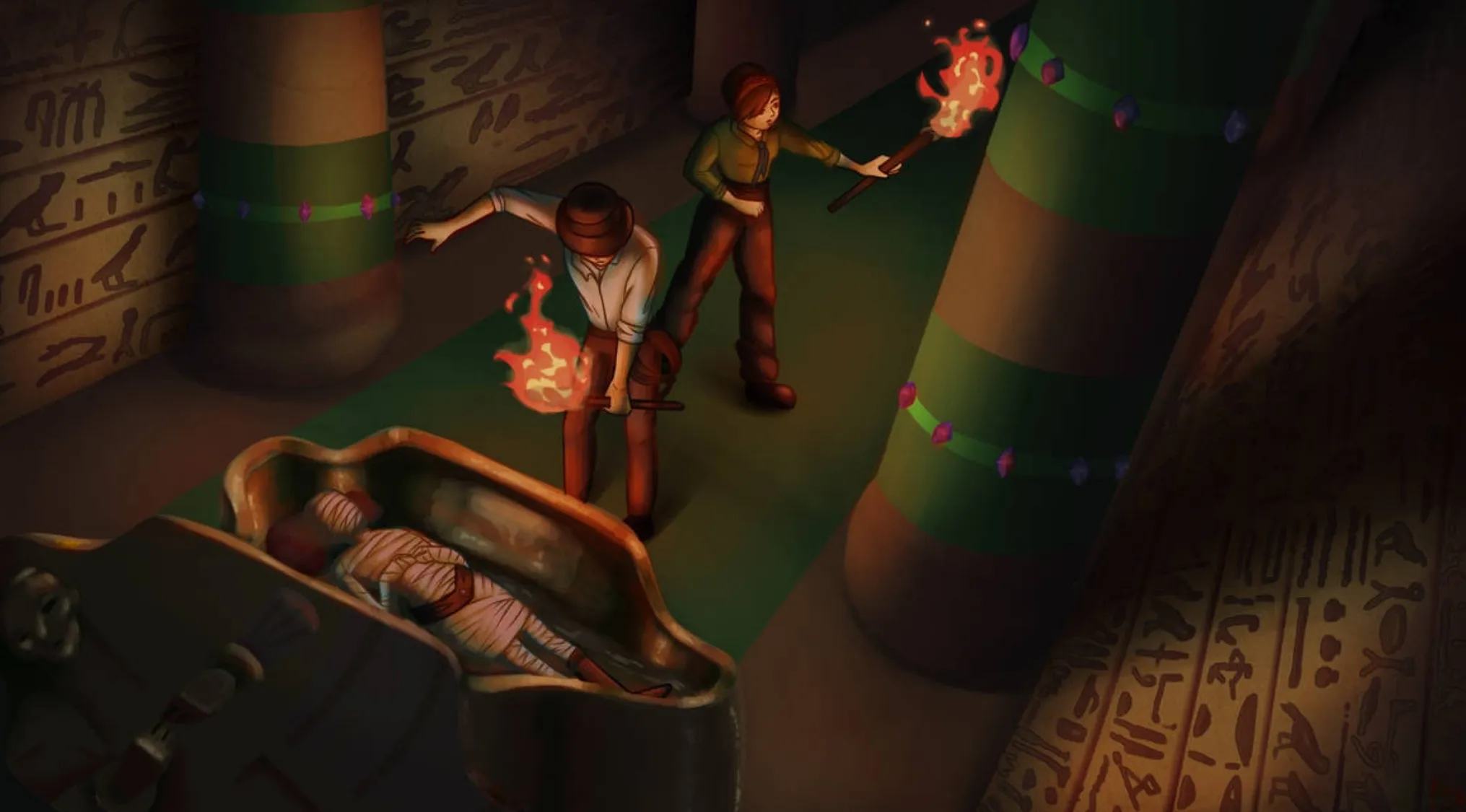 Movie fan art: Two explorers uncover a mummy in an Egyptian tomb, holding torches in a dimly lit scene.