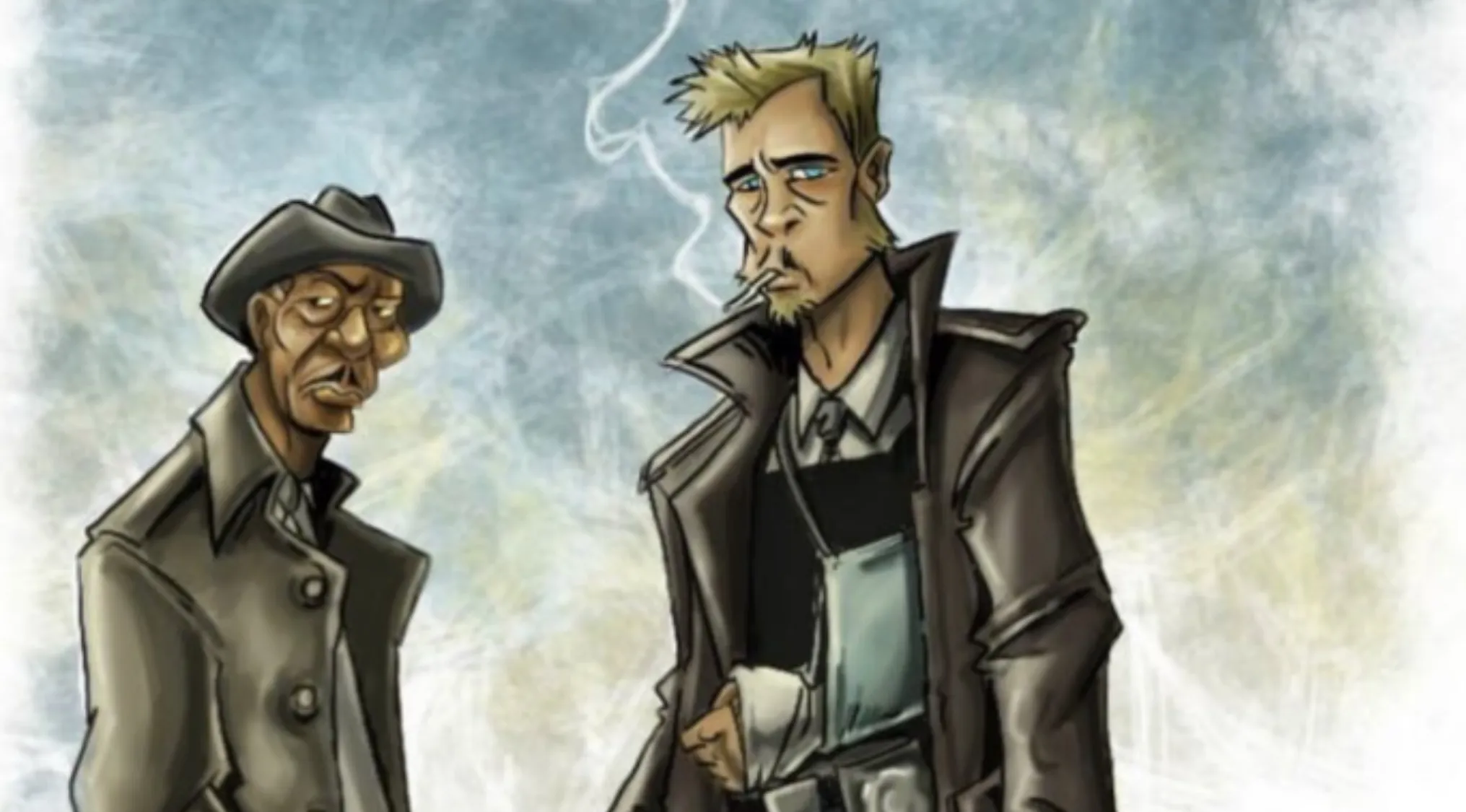 Movie fan art illustration featuring two stylized male characters, one smoking, in trench coats against a cloudy sky.