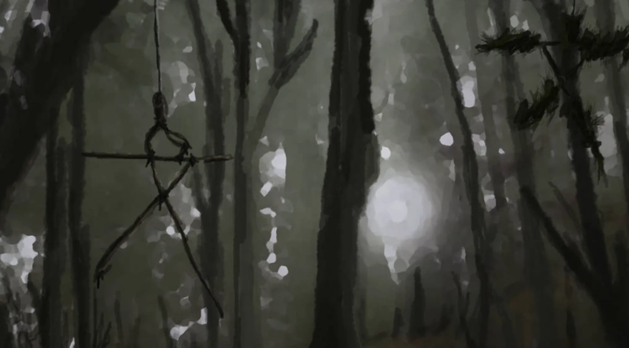 A Blair Witch Project stick figure hanging in a dark, misty forest, evoking horror movie fan art.