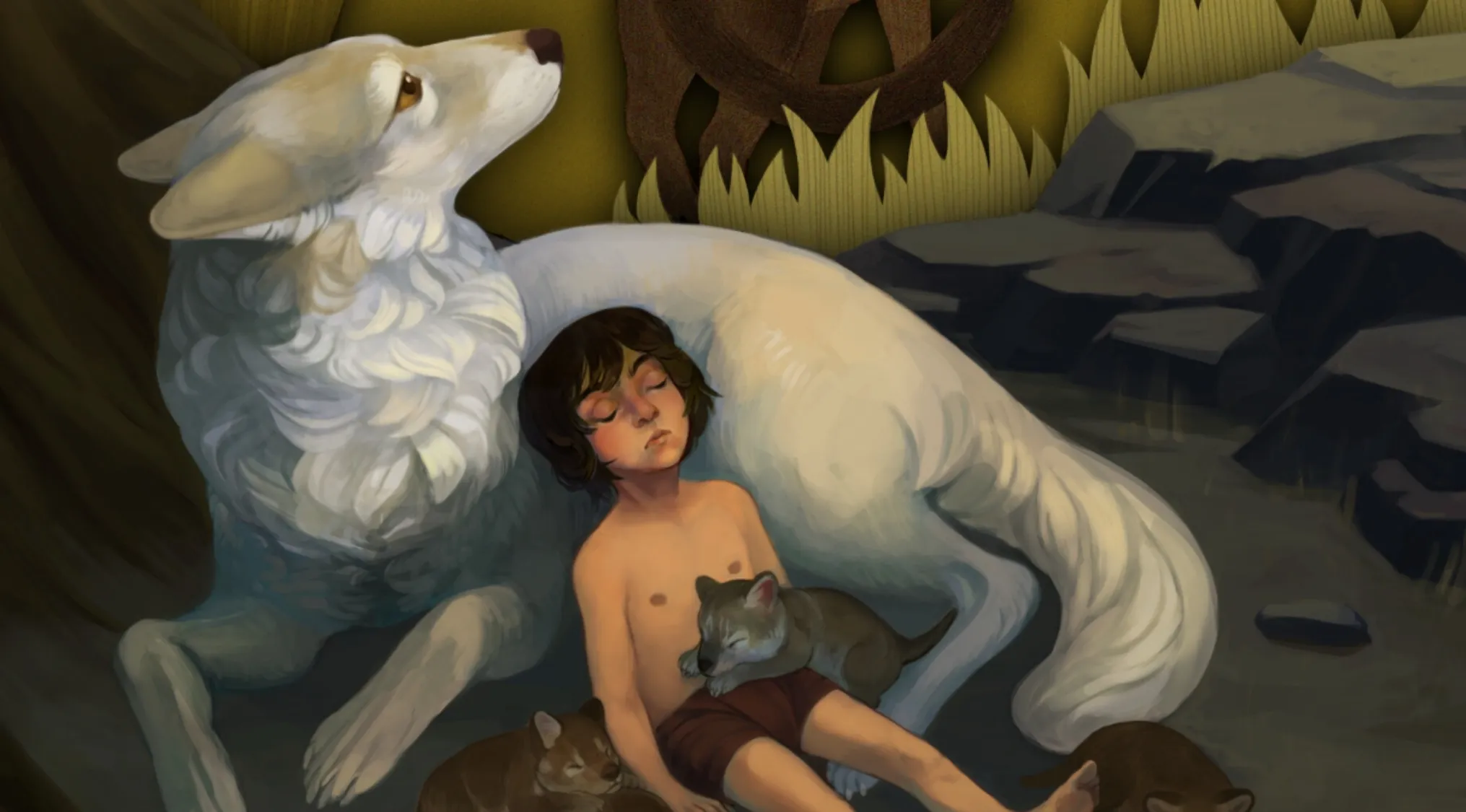 Movie fan art depicts a sleeping boy, Mowgli, with a large white wolf and wolf cubs in a jungle setting.