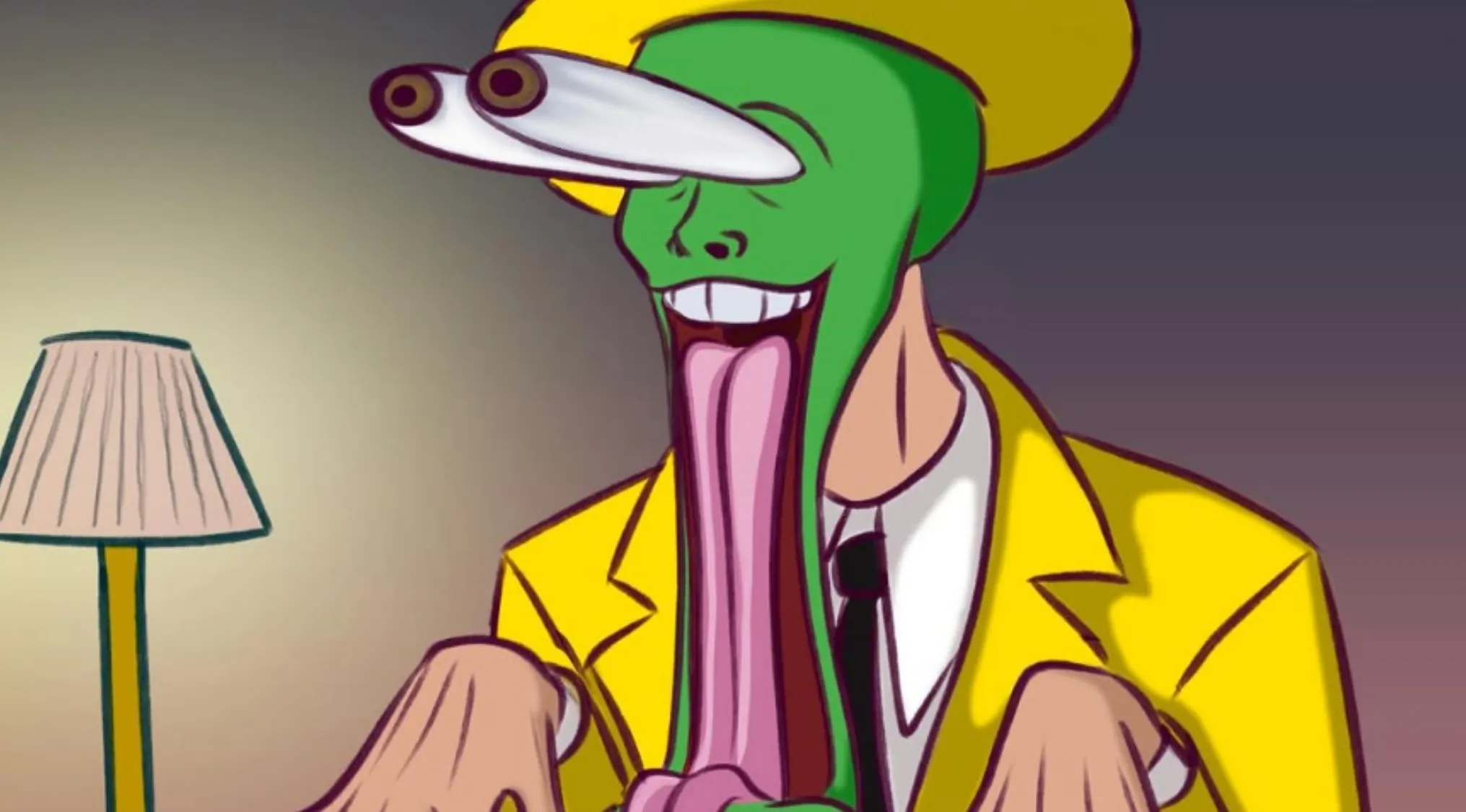 Vibrant movie fan art of The Mask, eyes popping out and tongue extended, wearing his iconic yellow suit.