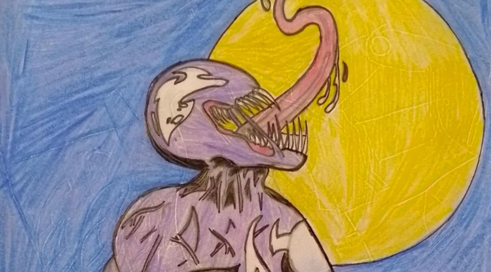 Movie Fan Art: Purple, sharp-toothed Venom-like character with a long tongue in front of a yellow moon on a blue background.