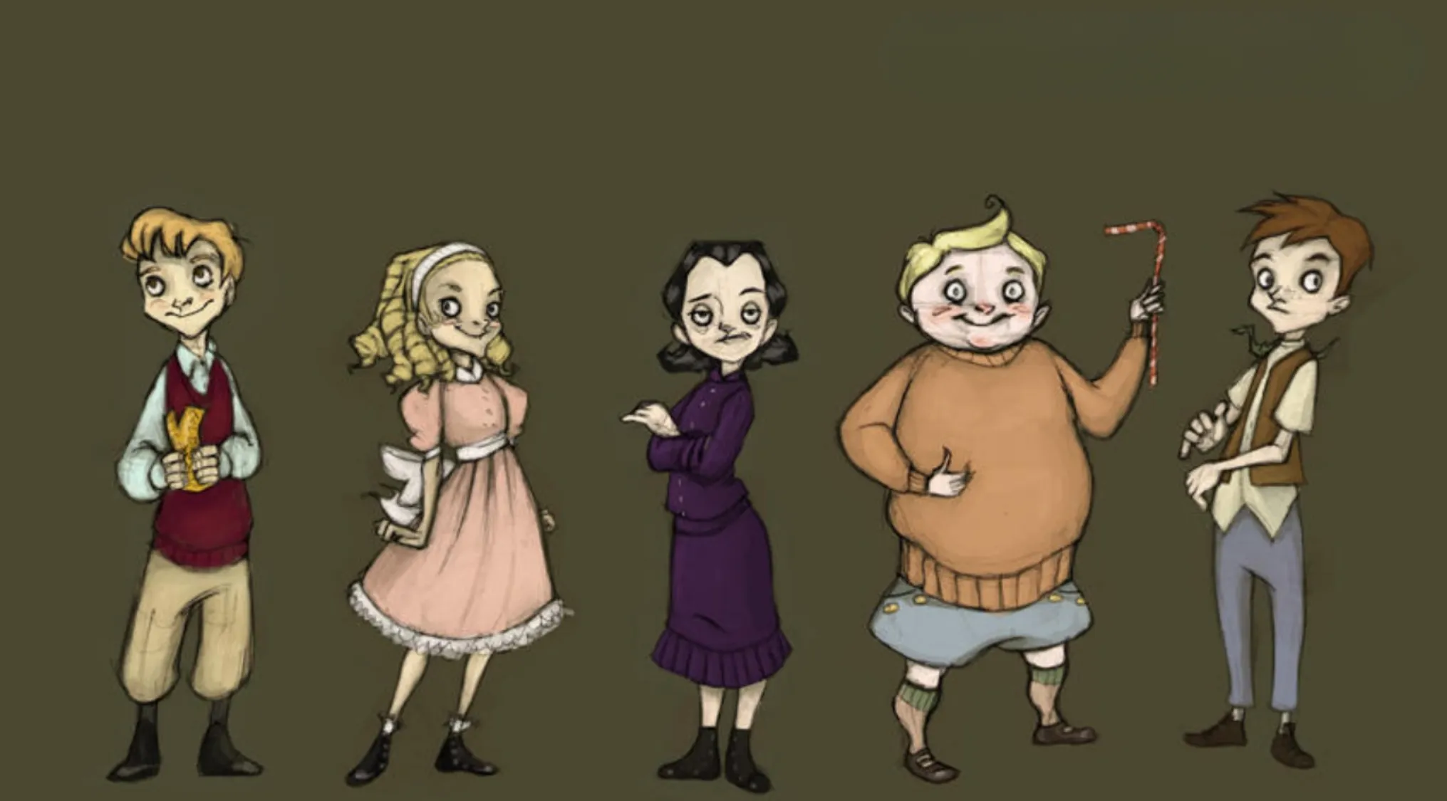 Movie Fan Art featuring five cartoon characters from Charlie and the Chocolate Factory. Can you name the movie?