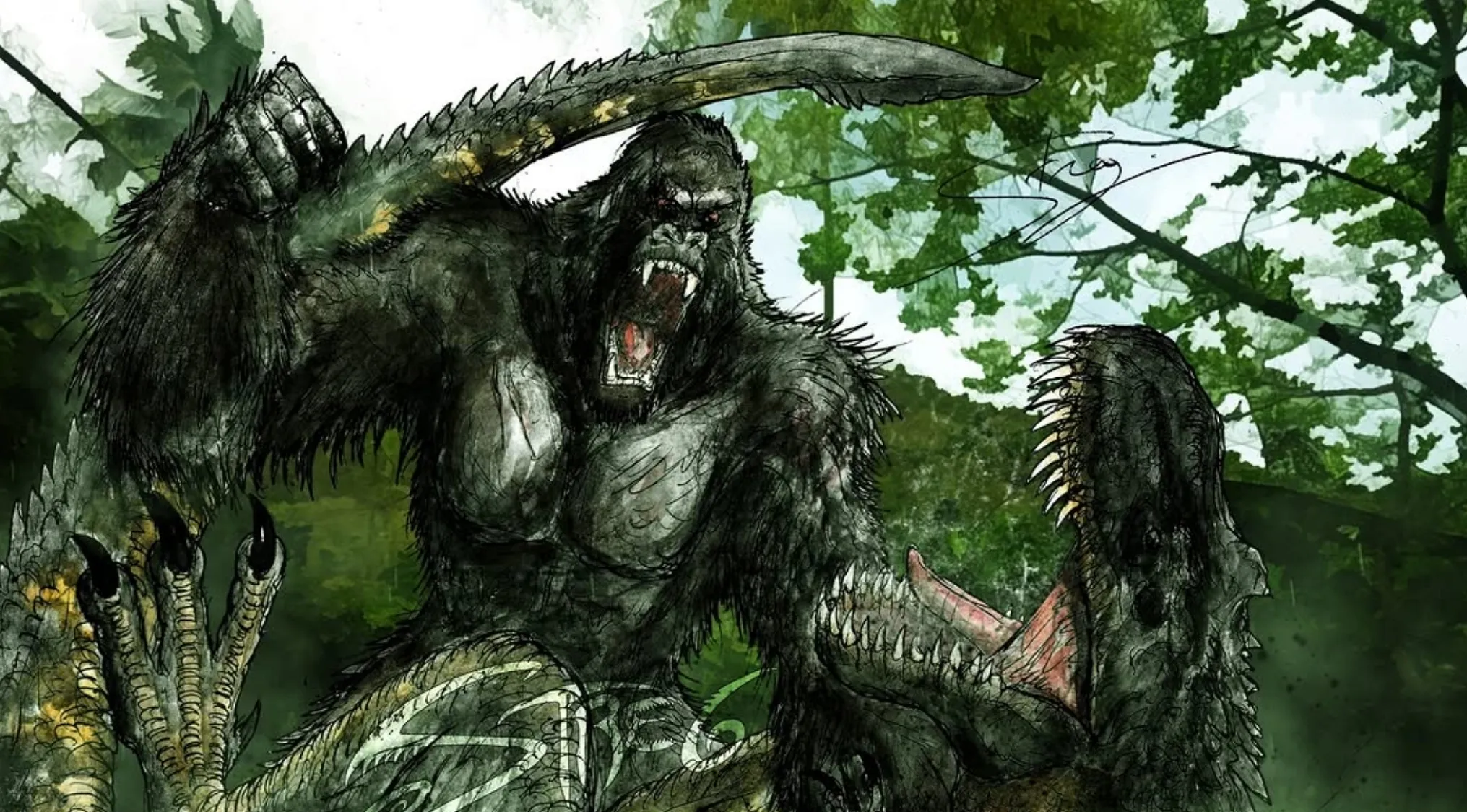 Dynamic movie fan art showing a ferocious gorilla-like creature striking a dinosaur in a jungle, battling.