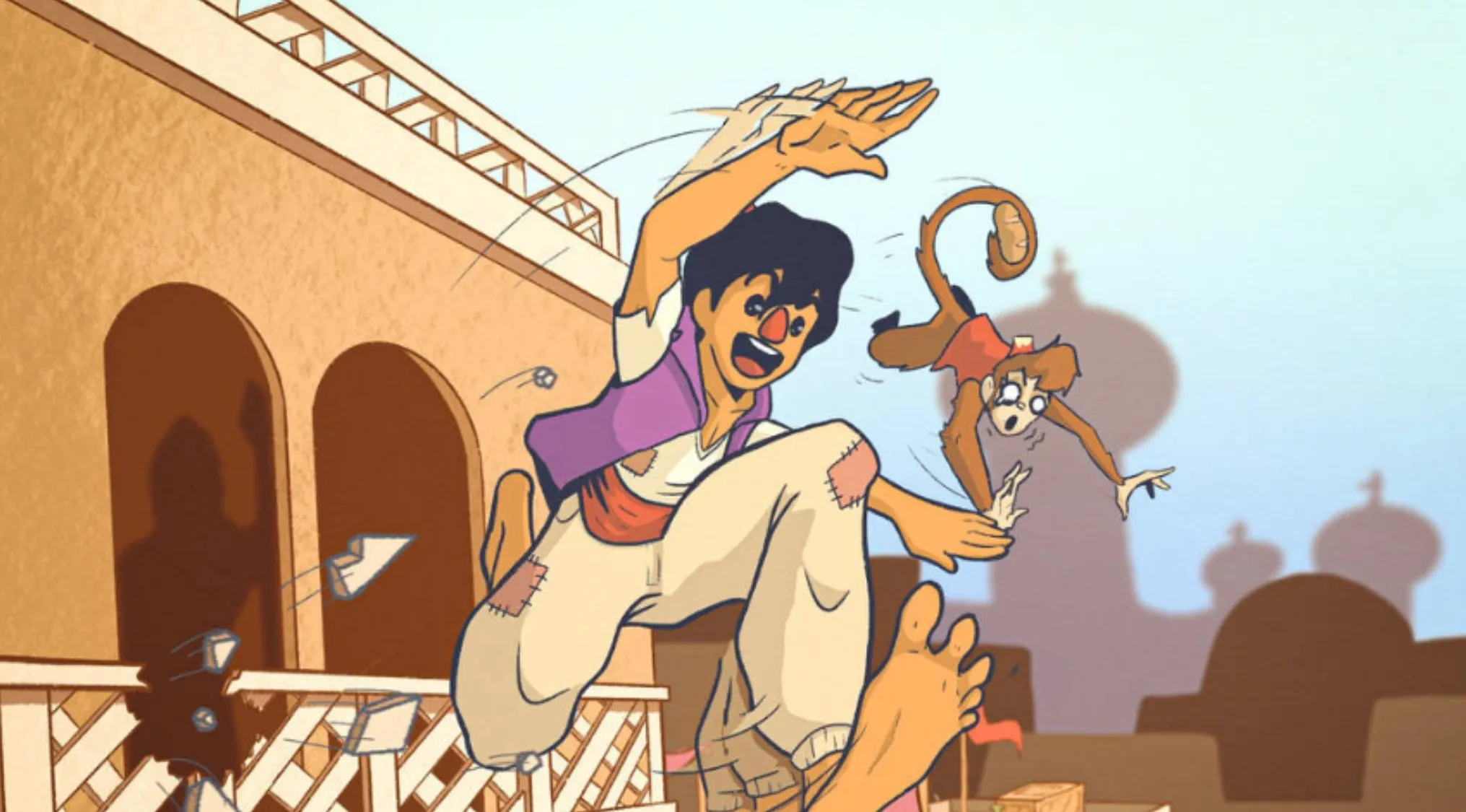 Movie fan art of Aladdin and Abu jumping over rooftops. Identify the movie behind this fan art.