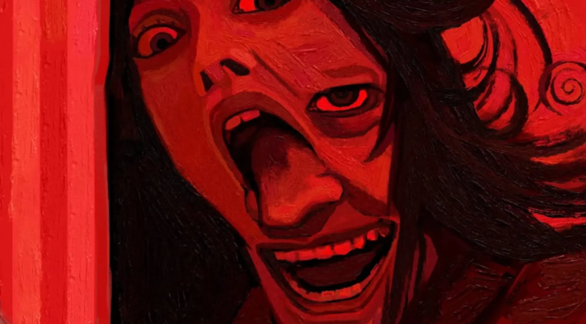 Movie Fan Art depicting a red-toned, screaming face with glowing eyes, hinting at a famous movie.
