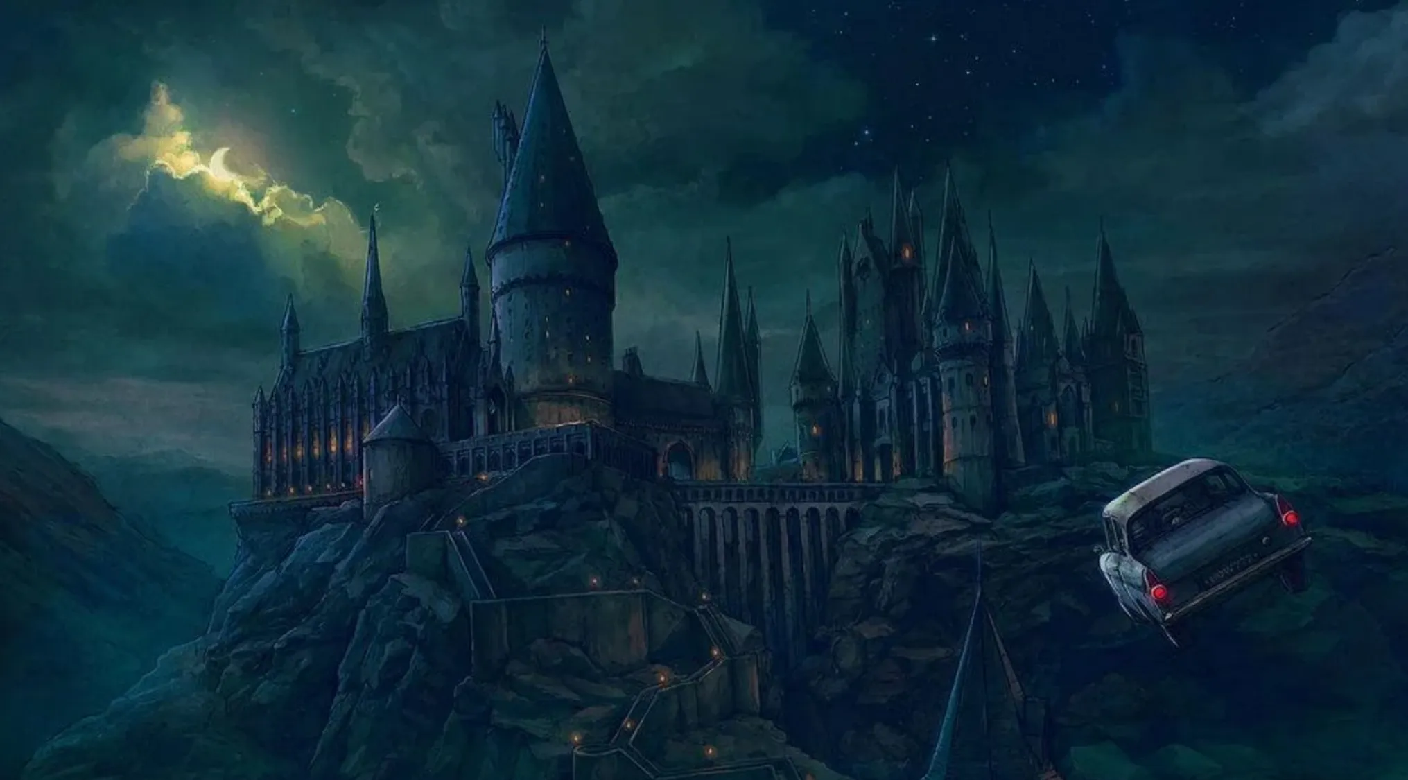 Dark fan art of a magical castle perched on a rocky cliff under a moonlit, cloudy sky, with a flying car. Movie fan art.