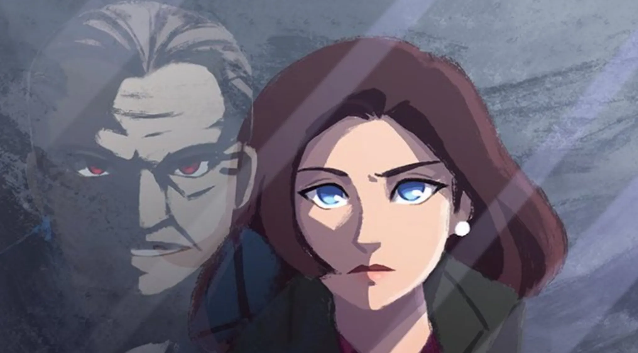 Movie fan art showing a woman with blue eyes and a ghostly figure with red eyes reflected beside her.