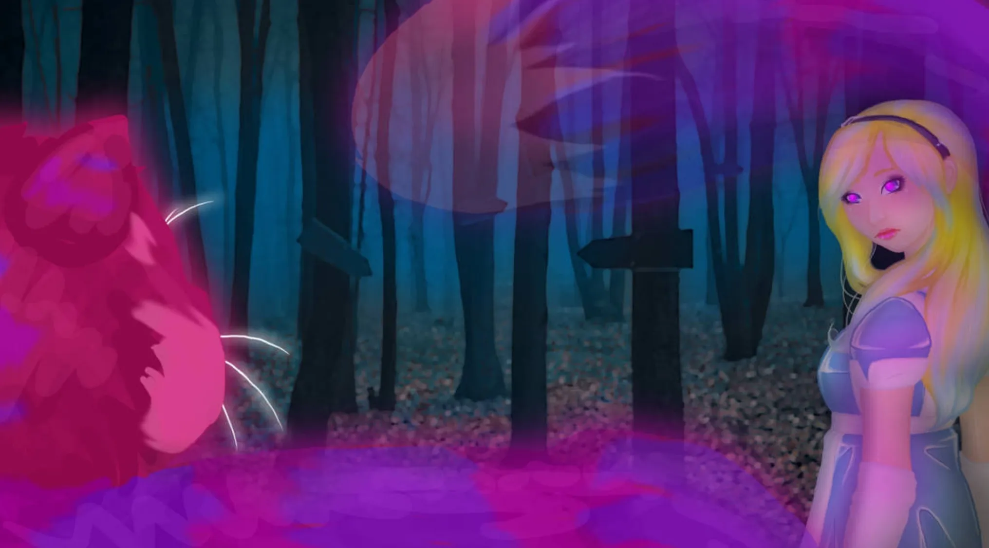 Movie fan art depicts a blonde girl with glowing purple eyes in a dark forest with vibrant pink/purple mist.