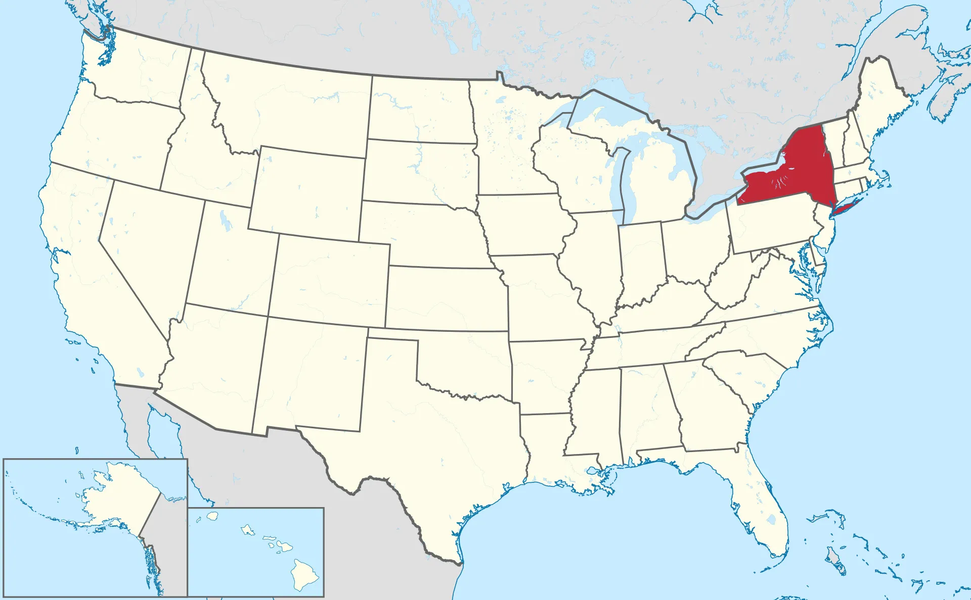 Map of the US with New York highlighted in red. A US State Capitals Quiz for New York's capital in 1797.