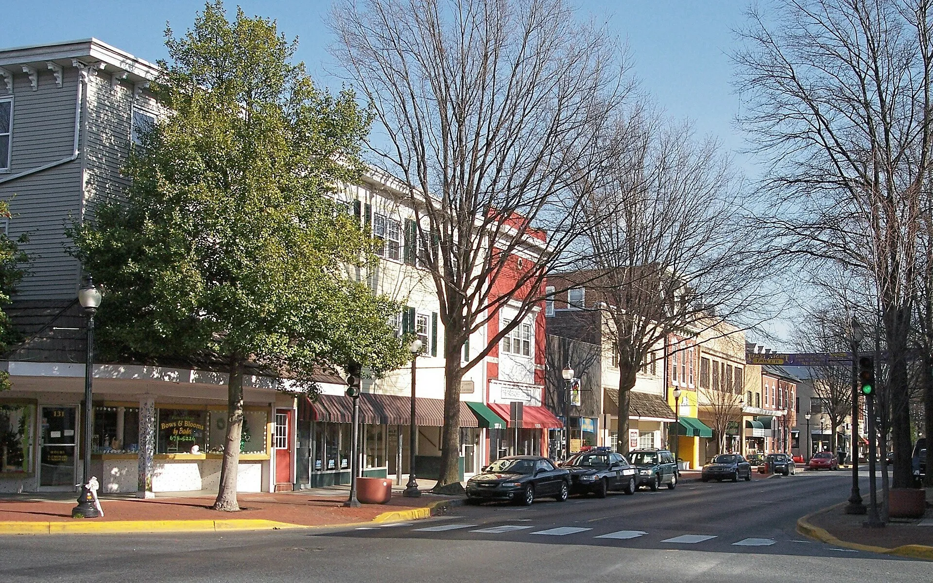 A street view of Dover, a US state capital, with shops, cars parked, and bare trees under a clear sky.