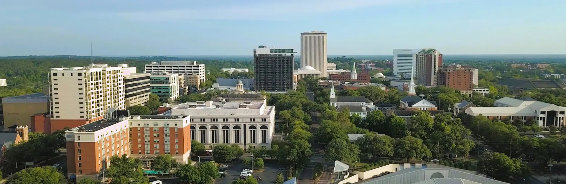 Panoramic aerial view of Tallahassee, a US State Capital, showing downtown buildings surrounded by lush green trees.