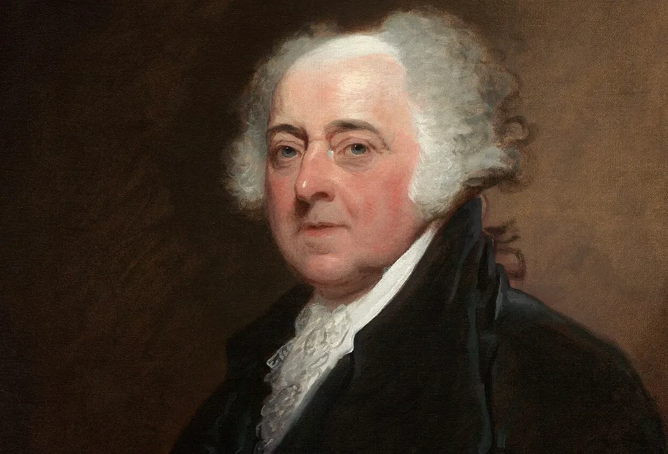 A formal portrait of John Adams, a U.S. president, with white hair, a ruffled shirt, and a dark coat, looking forward.