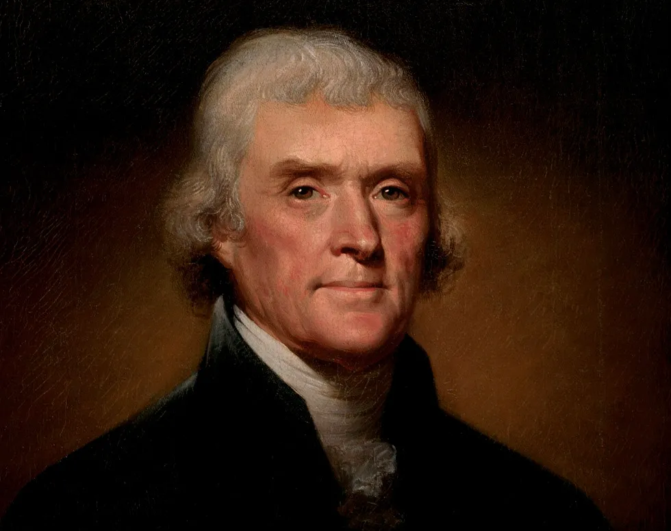 A painted portrait of Thomas Jefferson, a U.S. president, with white hair, a dark coat, and a white ruffled cravat.