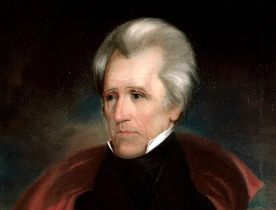 A formal portrait painting of U.S. President Andrew Jackson, with gray hair and a serious expression.
