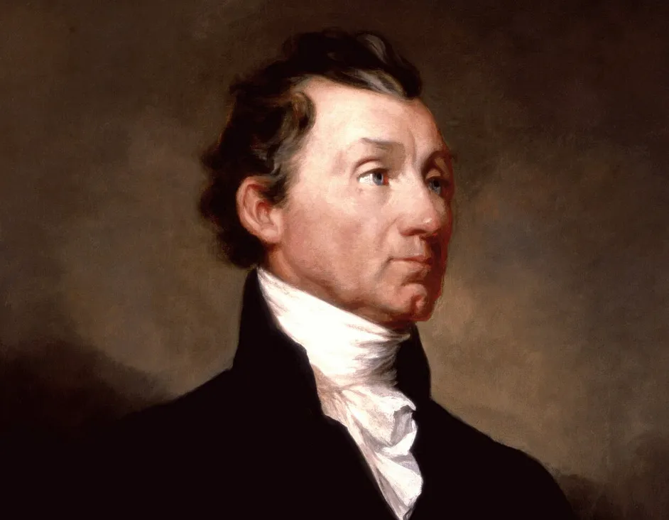 A painted portrait of U.S. President James Monroe, facing right, with dark hair, a black coat, and a white cravat.