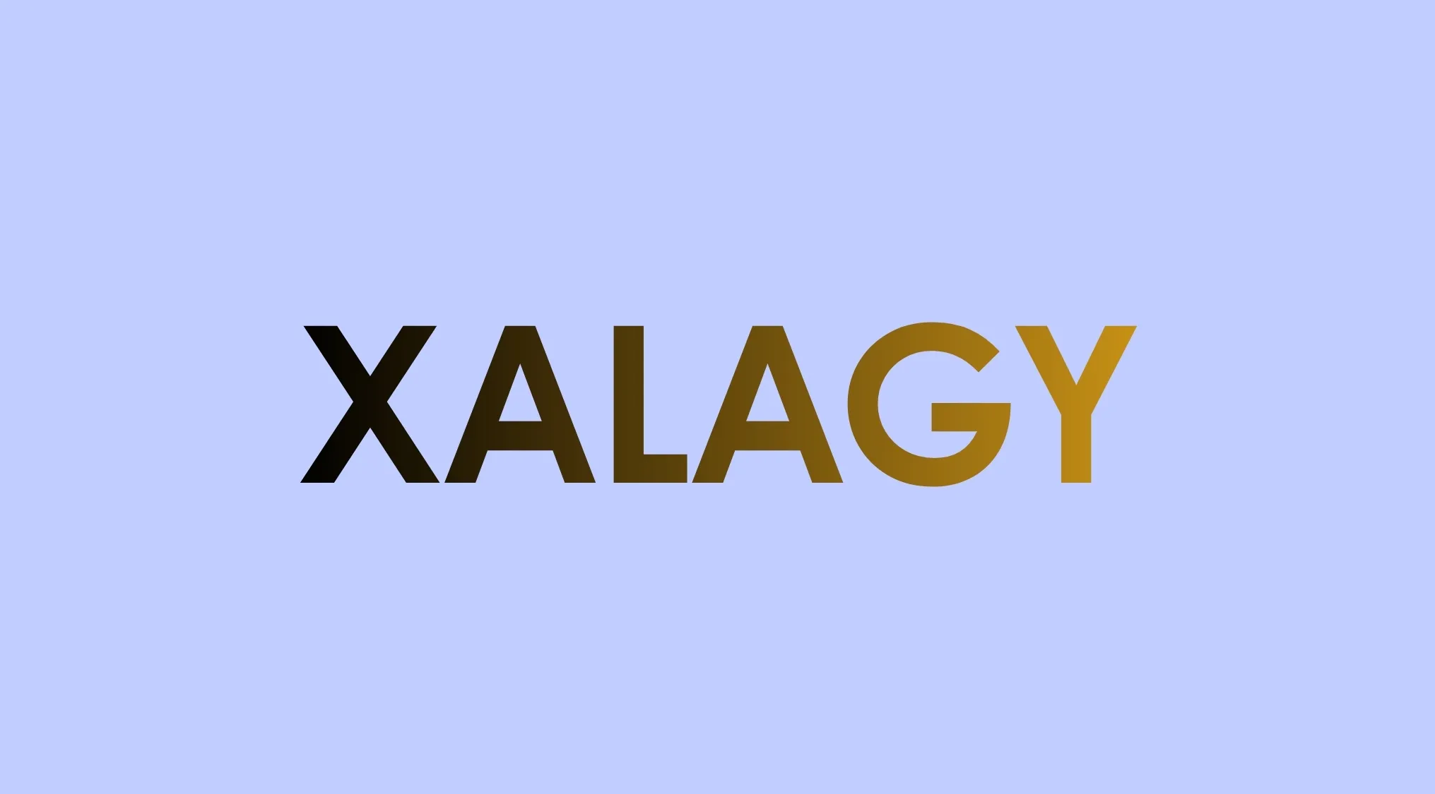 The word Xalagy displayed in black and golden gradient letters on a light blue background. Unscramble General Knowledge Words.