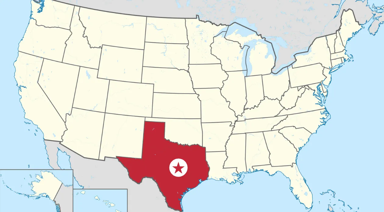 A map of the United States, with Texas highlighted in red, for a US State Capitals Quiz.