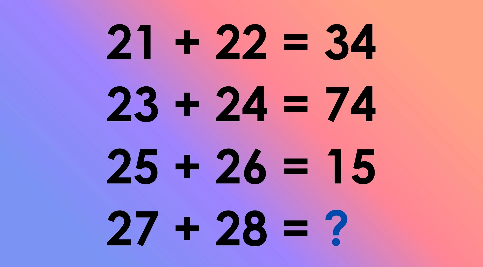 A tricky math riddle displaying equations 21+22=34, 23+24=74, 25+26=15, and asking to solve 27+28.