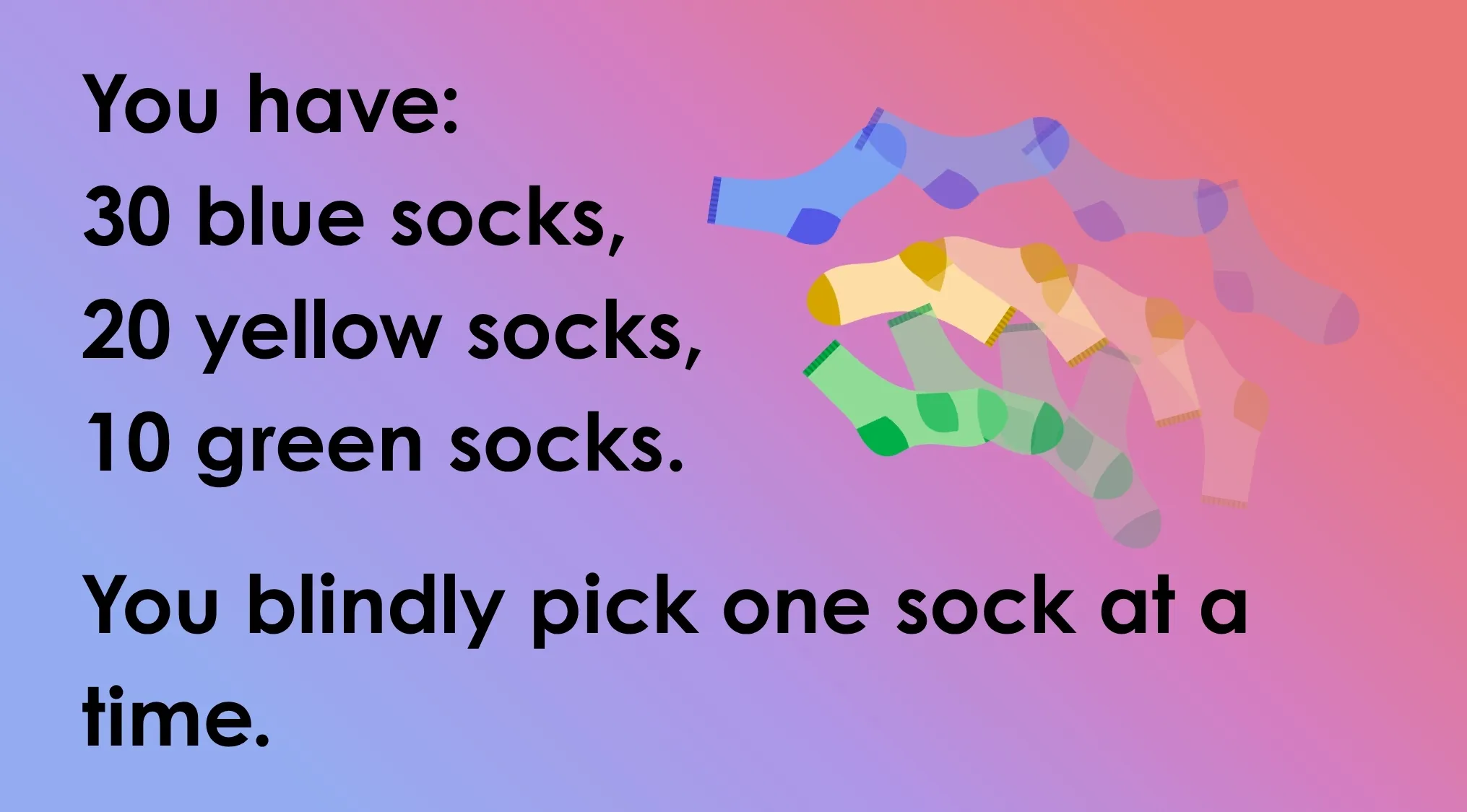 A tricky math riddle about socks. Text lists counts of blue, yellow, and green socks, asking how many to pick for a matching pair.