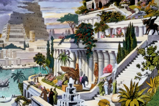Vibrant depiction of the Hanging Gardens of Babylon, with lush terraced greenery, grand architecture, and distant city views.