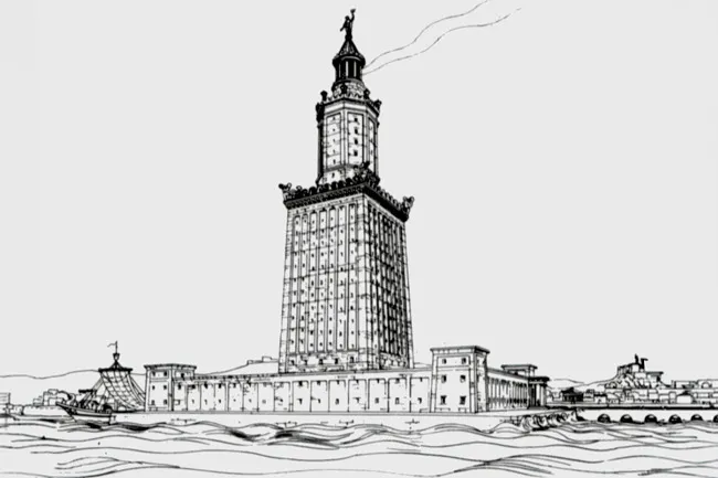 A detailed drawing of the Lighthouse of Alexandria, a Wonder of the Ancient World, standing tall by the sea with ships.