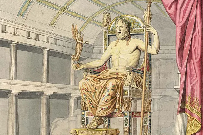A detailed illustration of the magnificent Statue of Zeus at Olympia, seated on an ornate throne in a grand temple.