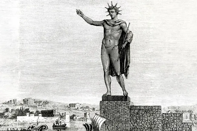 An artistic rendering of the Colossus of Rhodes, a towering bronze statue of the sun god Helios, standing over a harbor.