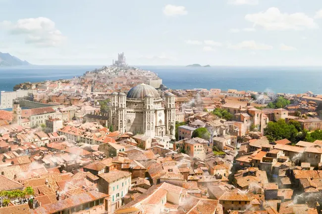 An aerial view of a sprawling coastal city with red-tiled roofs, a large domed cathedral, and a distant castle in Westeros.