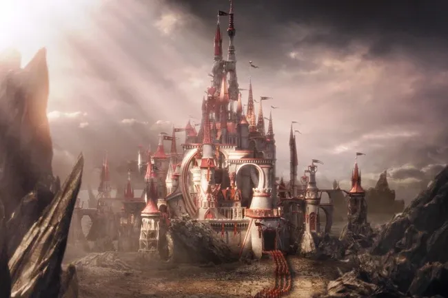 A fantastical, sprawling red and white castle with numerous towers under a dramatic sky, evoking a sense of Wonderland.