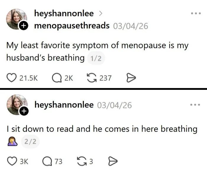 Wife's joke about menopause symptom being husband's breathing and him breathing while reading
