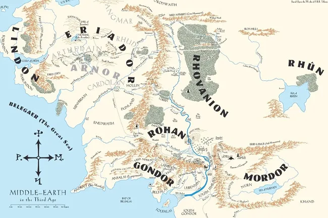 Detailed map of Middle-earth, showing key regions like Gondor, Mordor, and Rohan, perfect for choosing a fictional world to live in.