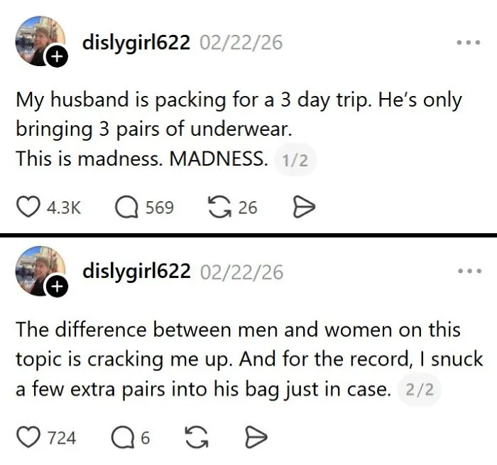 Hilarious married life anecdote about husband's minimal packing for trip