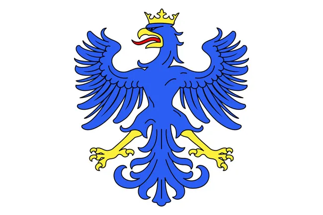 A majestic blue eagle with a gold crown, beak, and talons, stylized as a coat of arms symbol, against a white background.