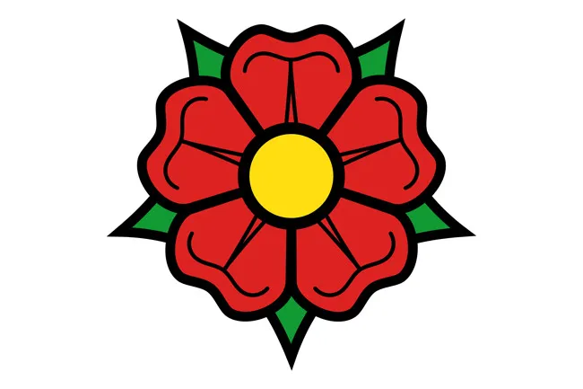 A vibrant red heraldic rose with green sepals and a yellow center on a white background, perfect for a coat of arms symbol.