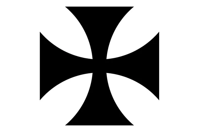 A black cross symbol with curved arms, narrowing towards the center, on a white background. Coat of arms symbol.