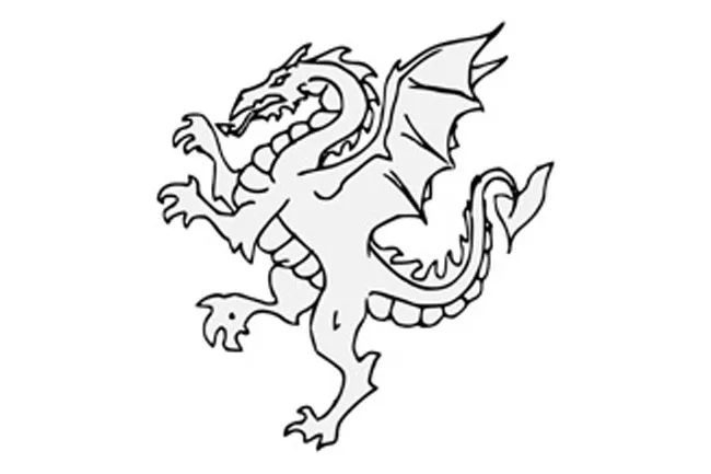 A white drawing of a fierce dragon, rearing on its hind legs with wings spread, designed as a coat of arms symbol.