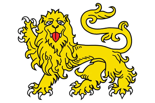 Yellow heraldic lion, rampant with tongue out, as a coat of arms symbol.