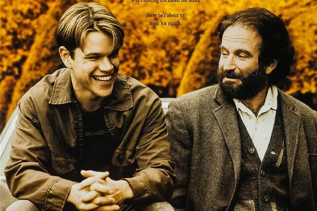 Matt Damon smiling and Robin Williams looking thoughtful, side-by-side, from the film Good Will Hunting.
