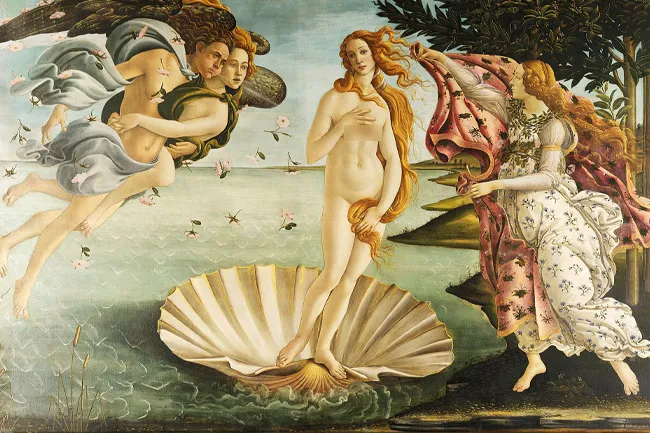 The Birth of Venus, a famous painting, depicting Venus on a seashell, being blown by Zephyrus and helped by a nymph.