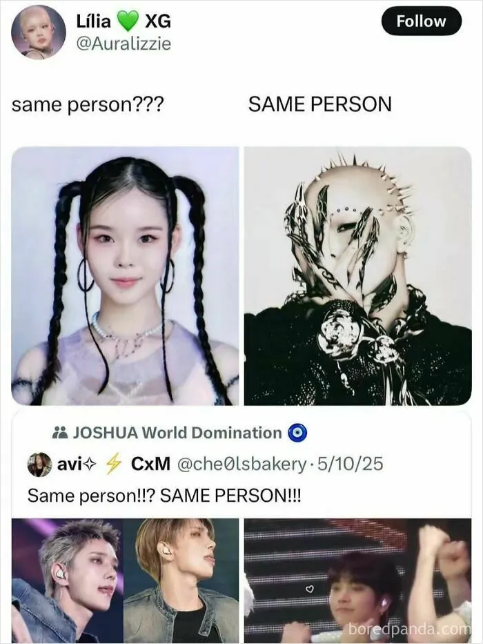 K-Pop memes showing drastic style changes of idols confusing fans