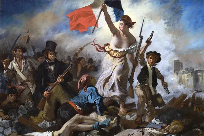 Eugene Delacroix's Liberty Leading the People, showing a woman with a flag leading revolutionaries over fallen bodies. Famous painting.