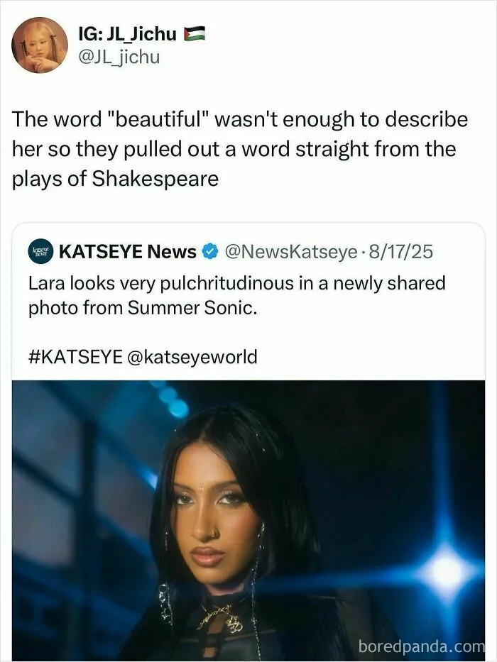 K-Pop fan jokes about describing beauty with Shakespearean words in meme