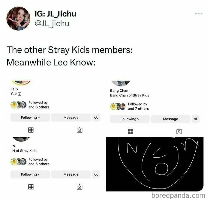 Stray Kids members Instagram following meme Lee Know funny