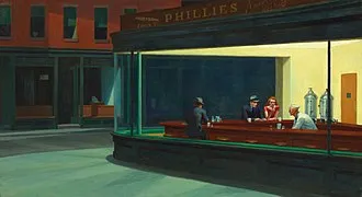 Nighthawks, a famous painting by Edward Hopper, showing people in a brightly lit diner at night.