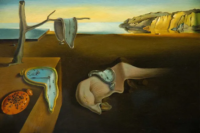 A famous painting, The Persistence of Memory by Salvador Dalí, depicts a surreal landscape with melting clocks and a distorted figure.