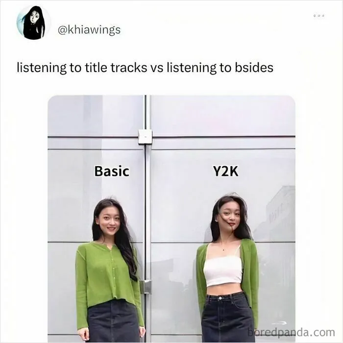 Comparison meme showing a woman in 'basic' vs 'Y2K' outfit styles