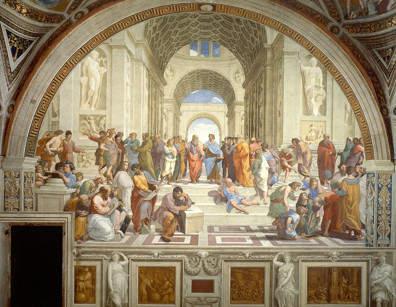 The School of Athens, a famous painting by Raphael, features philosophers in an architectural setting, discussing ideas.